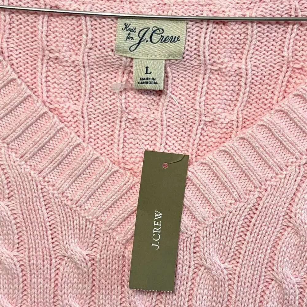 J. Crew Cotton Cable-Knit V-Neck Sweater NWT Men's Sz L Pink Long Sleeves Knit